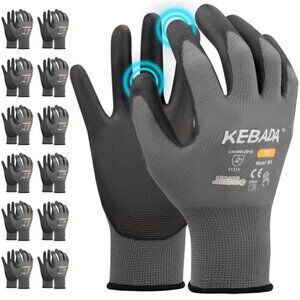 PU Coated Work Gloves Touchscreen Grip Safety Gloves 12 Pairs Large Gray Men